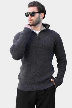 ژاکت بافتنی مردانه یقه زیپ‌دار Madmext خاکستری