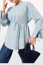 تونیک زنانه دو نخ آستین‌ بندی و یقه گرد Smy Fashion آبی روشن