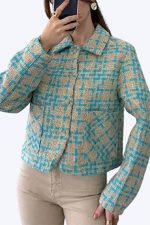کت کشمیر طرح چهارخونه Coral فیروزه ای