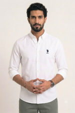 پیراهن مردانه سفید ساده US Polo Assn Slim Fit آستین سه ربع